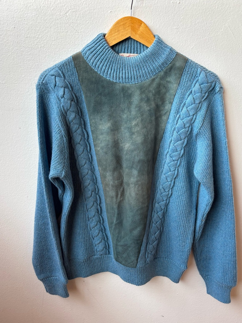60s Blue Cable Knit Sweater with Suede Panel